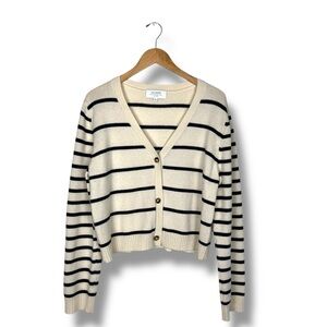 La Ligne 100% Cashmere Cardigan Sweater Striped Ivory XL Buttons V Neck Luxury